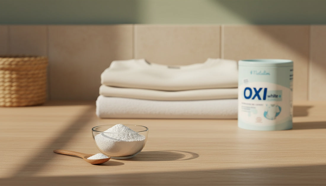 Percarbonato di sodio in polvere su superficie in legno con capi bianchi e smacchiatore Natulim Oxi-White