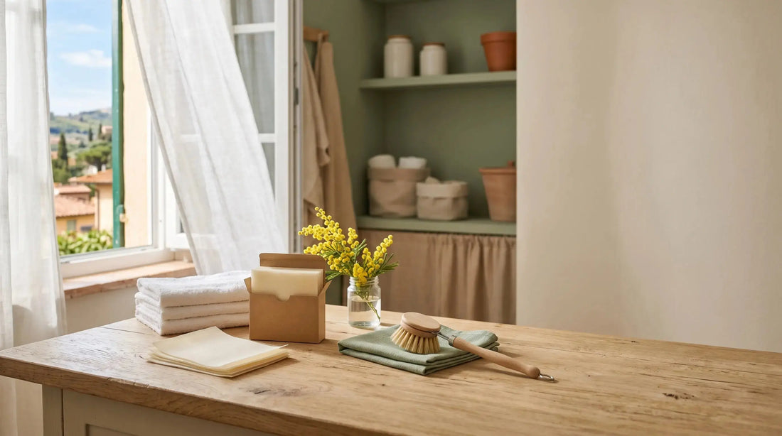 Pulizie di primavera plastic-free: fogli detersivo, spazzola in legno e mimose su piano in rovere chiaro con luce naturale
