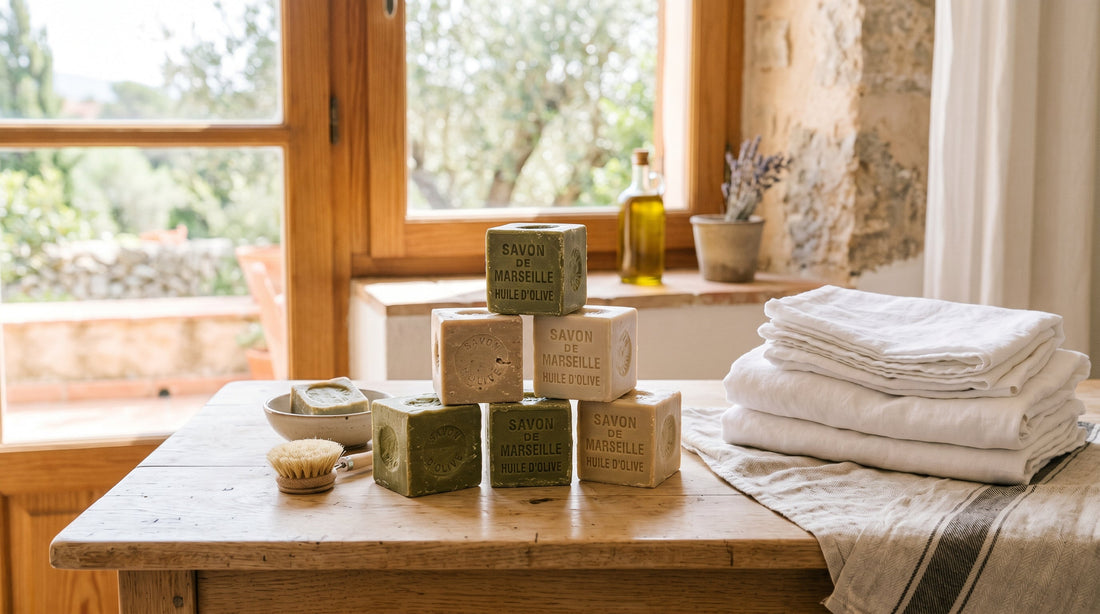 Sapone di Marsiglia autentico in panetti su tavolo di legno con bucato bianco