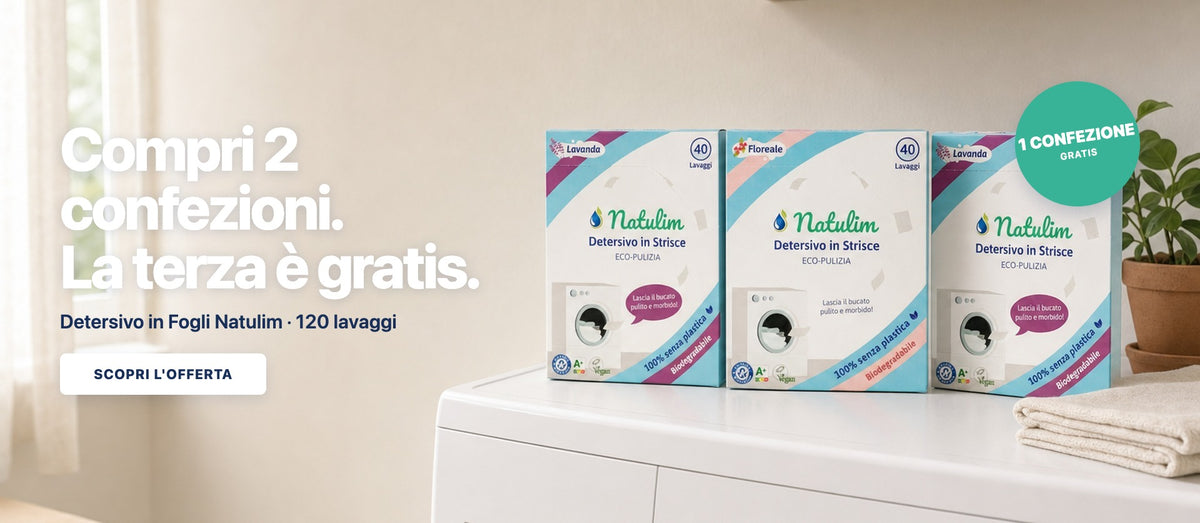 Tre confezioni di Detersivo in Fogli Natulim sulla lavatrice: compri 2 confezioni, la terza è gratis