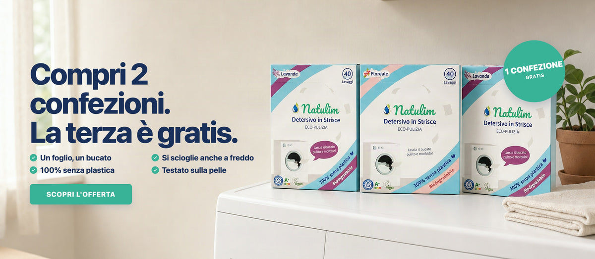 Tre confezioni di Detersivo in Fogli Natulim sulla lavatrice: compri 2 confezioni, la terza è gratis