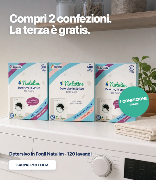 Tre confezioni di Detersivo in Fogli Natulim sulla lavatrice: compri 2 confezioni, la terza è gratis