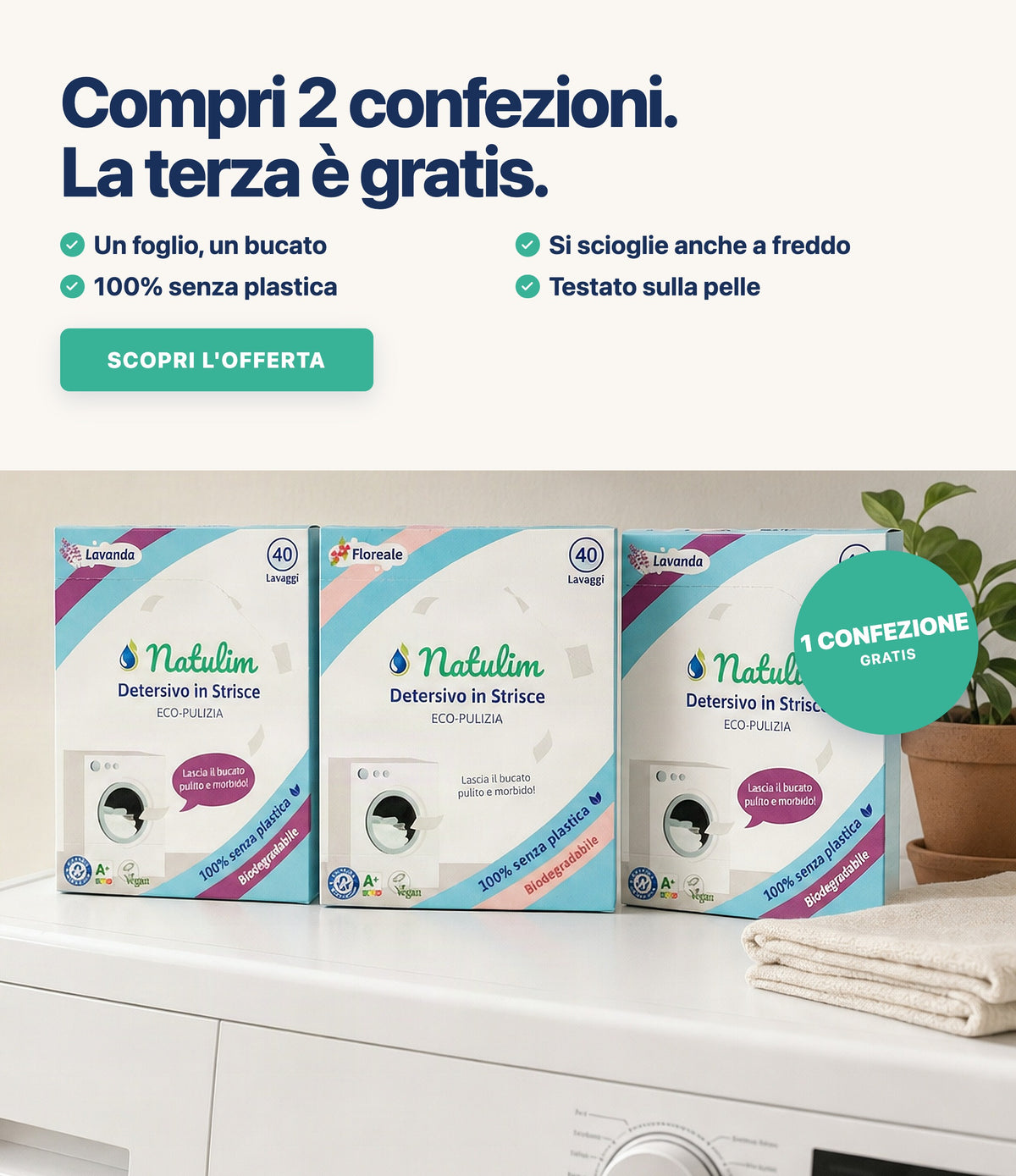 Compri 2 confezioni di Detersivo in Fogli Natulim, la terza è gratis