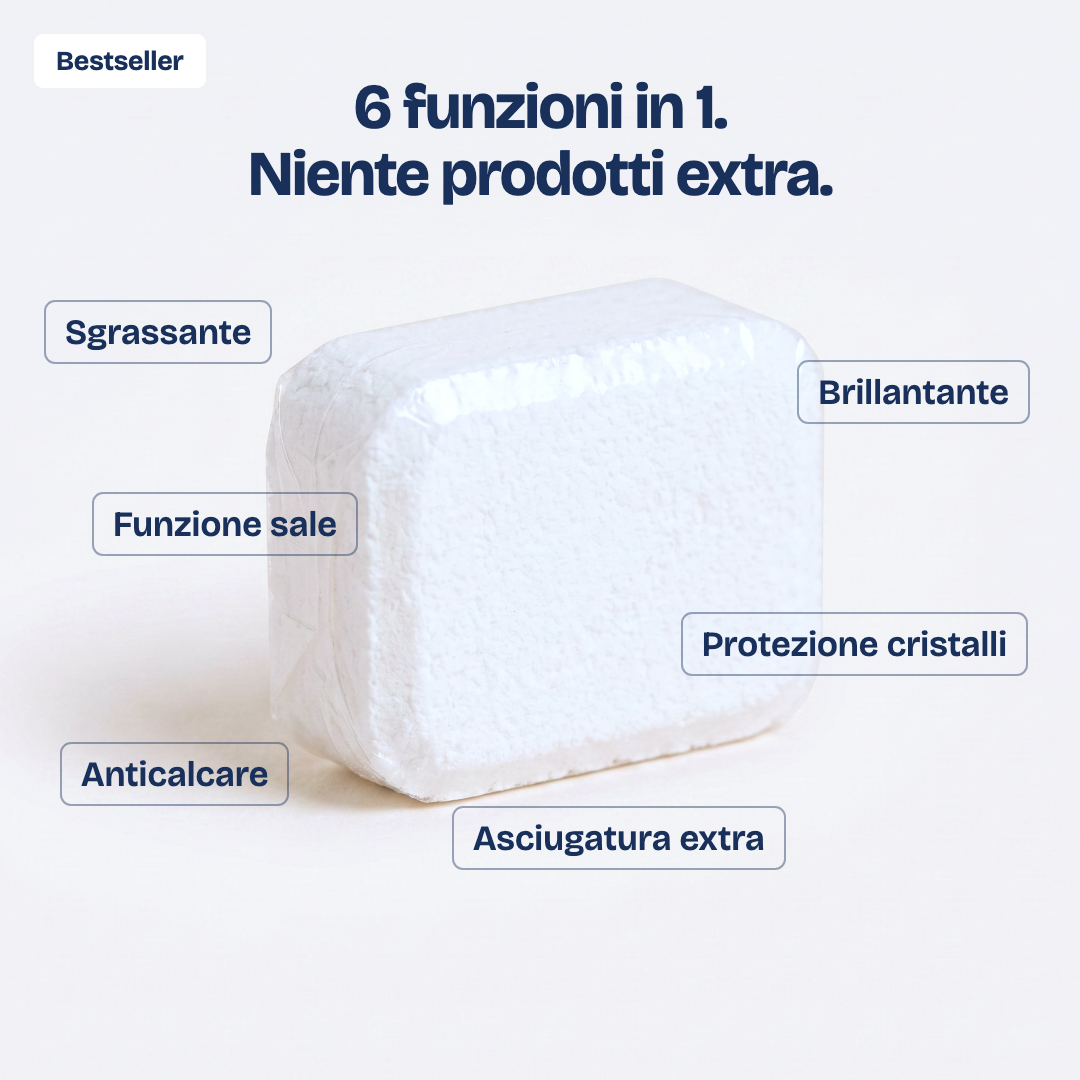 Pastiglie Lavastoviglie 6 in 1 Natulim — 6 funzioni: sgrassante, brillantante, funzione sale, protezione cristalli, anticalcare, asciugatura extra