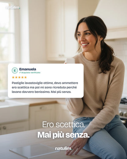 Recensione verificata di Emanuela, 5 stelle, sulle Pastiglie Lavastoviglie 6 in 1 Natulim: "ero scettica ma poi mi sono ricreduta perché lavano davvero benissimo. Mai più senza."