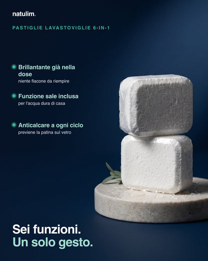 Pastiglie Lavastoviglie 6 in 1 Natulim — sei funzioni, un solo gesto: brillantante già nella dose, funzione sale inclusa, anticalcare a ogni ciclo