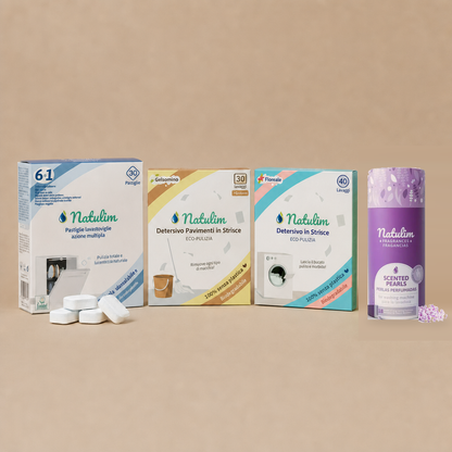 Starter Kit Natulim: detersivo in fogli, pastiglie lavastoviglie, fogli pavimenti e perle profumate