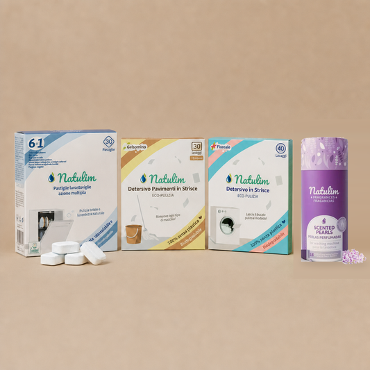 Starter Kit Natulim: detersivo in fogli, pastiglie lavastoviglie, fogli pavimenti e perle profumate