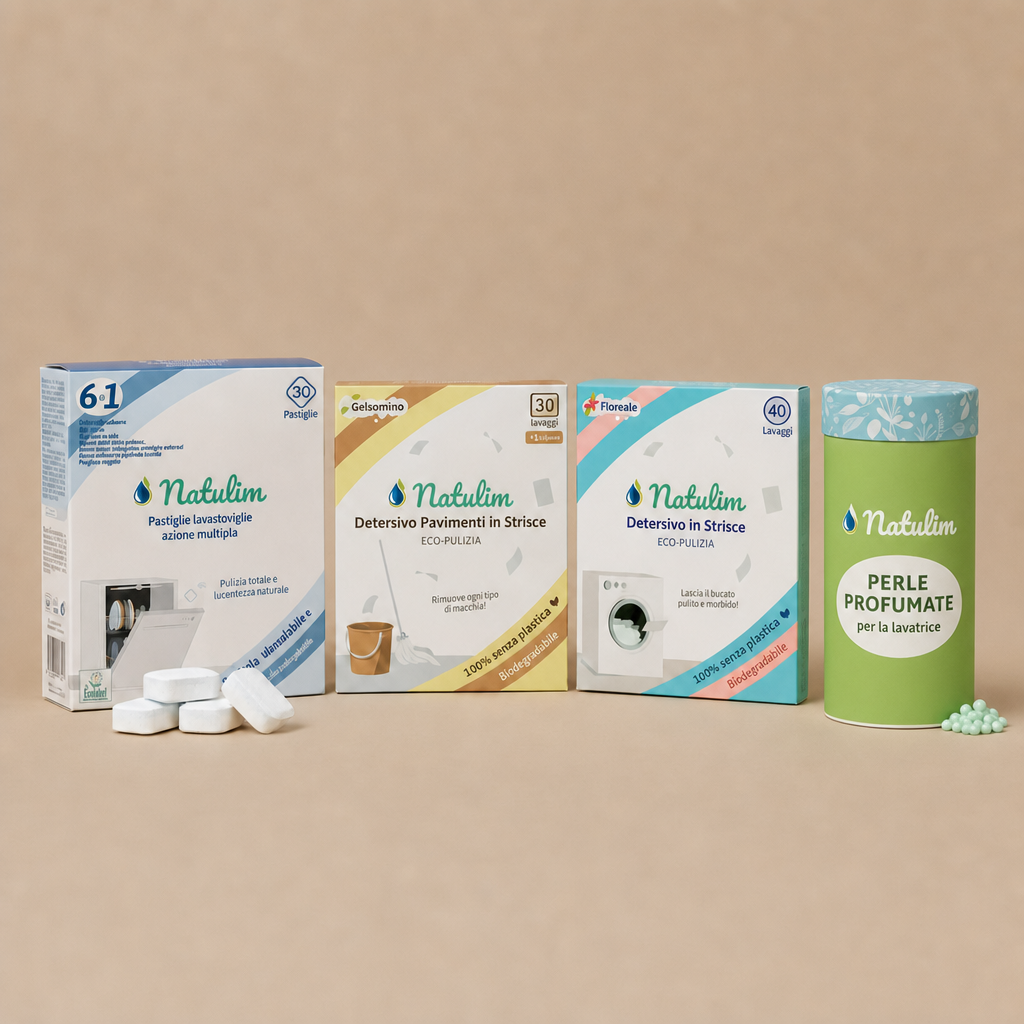 Starter Kit Natulim: detersivo in fogli per lavatrice, pastiglie lavastoviglie 6 in 1, detergente pavimenti in fogli e perle profumate